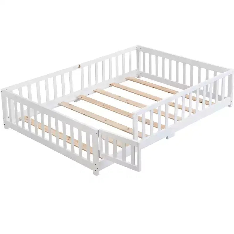 TUYOHW Full Size Toddler Floor Bed with Door for Kids,Modern House Montessori Bed with Fence for Bedroom