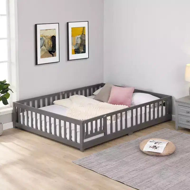 TUYOHW Full Size Toddler Floor Bed with Door for Kids,Modern House Montessori Bed with Fence for Bedroom