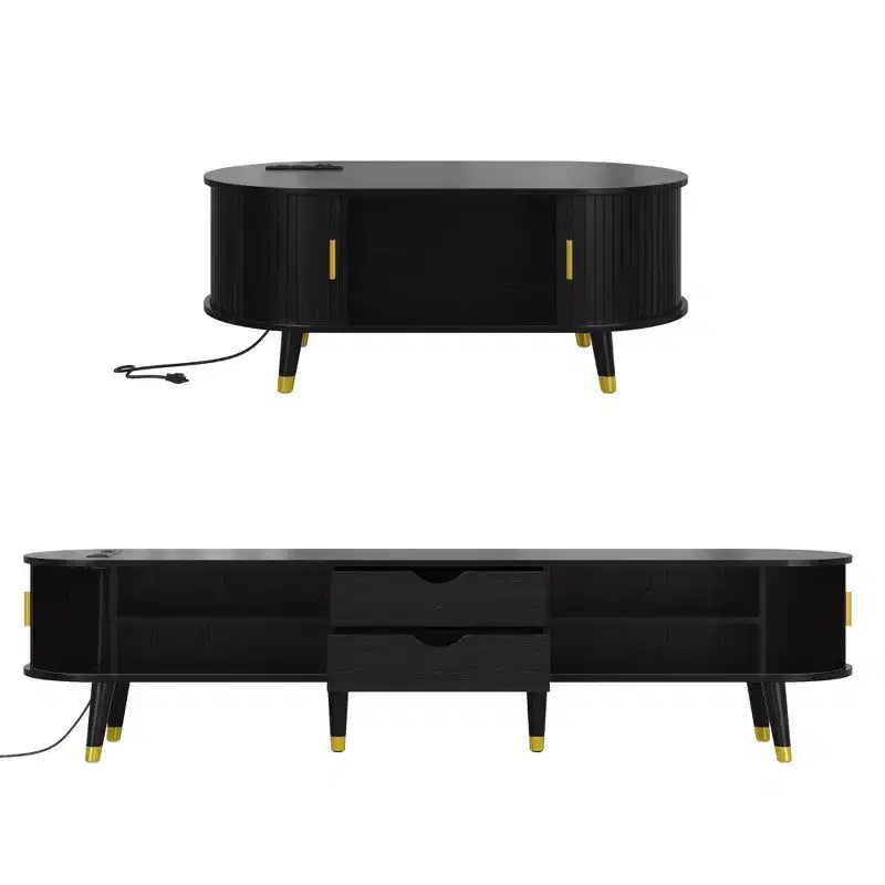 Farmhouse TV Stand Set with Coffee Table for 80 inch TV, Fluted TV Storage Cabinet with Sliding Door, Oval Entertainment Center with Wood Legs