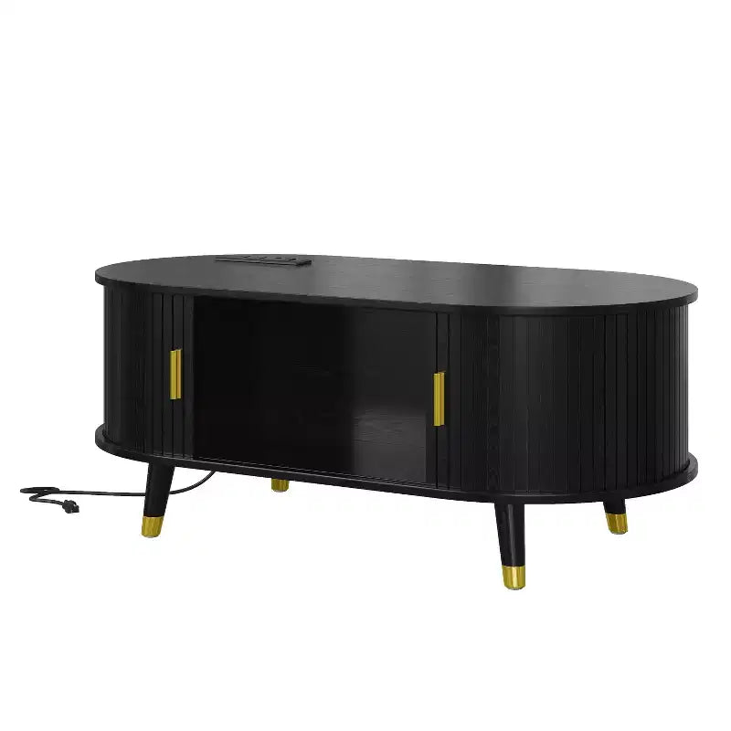 Farmhouse TV Stand Set with Coffee Table for 80 inch TV, Fluted TV Storage Cabinet with Sliding Door, Oval Entertainment Center with Wood Legs