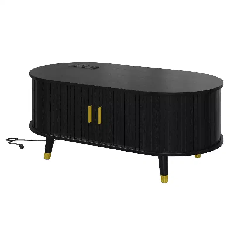 Farmhouse TV Stand Set with Coffee Table for 80 inch TV, Fluted TV Storage Cabinet with Sliding Door, Oval Entertainment Center with Wood Legs