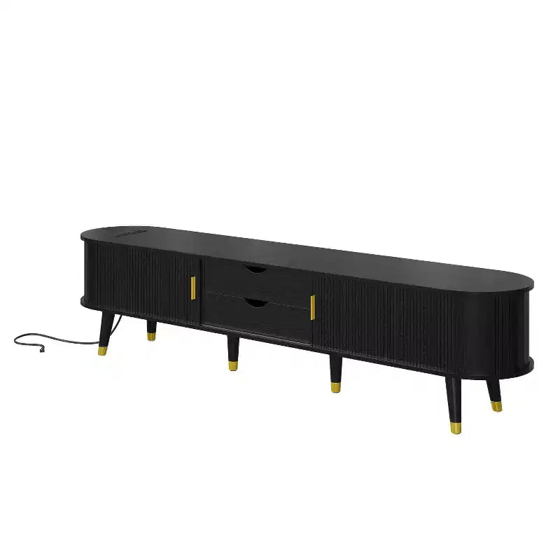 Farmhouse TV Stand Set with Coffee Table for 80 inch TV, Fluted TV Storage Cabinet with Sliding Door, Oval Entertainment Center with Wood Legs