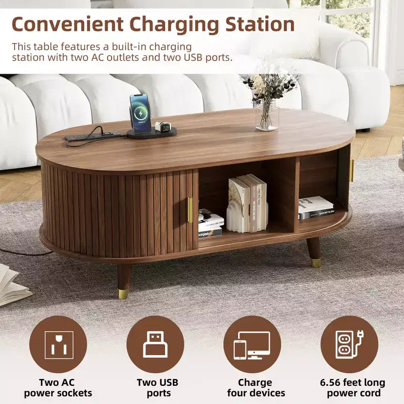 Farmhouse TV Stand Set with Coffee Table for 80 inch TV, Fluted TV Storage Cabinet with Sliding Door, Oval Entertainment Center with Wood Legs