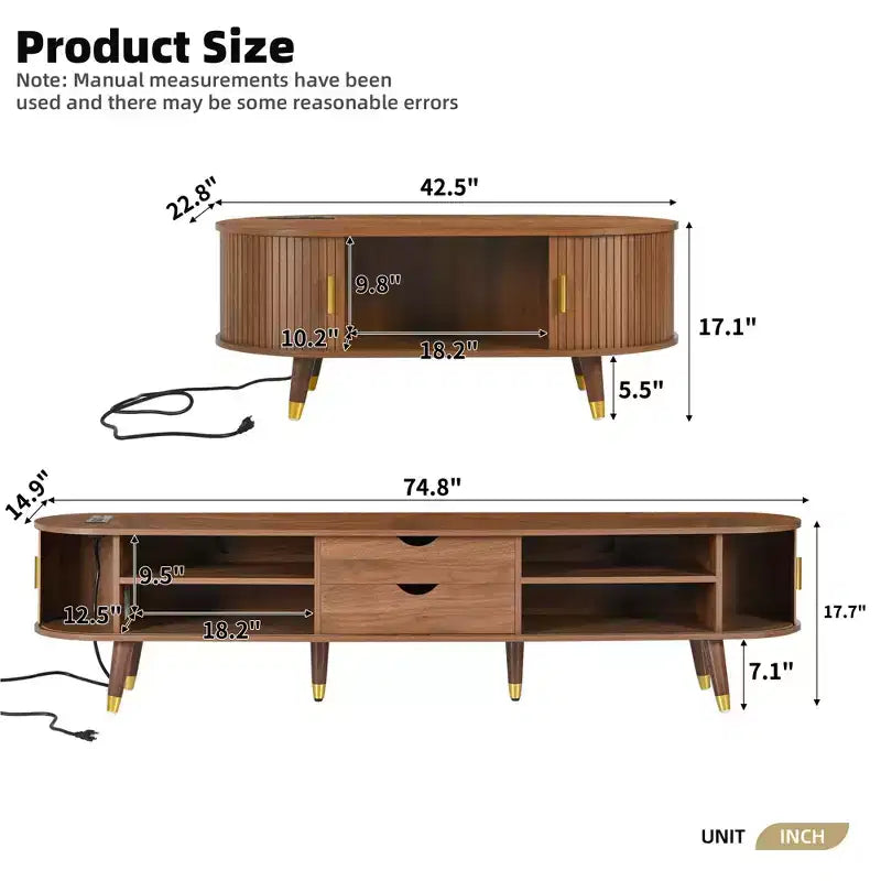 Farmhouse TV Stand Set with Coffee Table for 80 inch TV, Fluted TV Storage Cabinet with Sliding Door, Oval Entertainment Center with Wood Legs