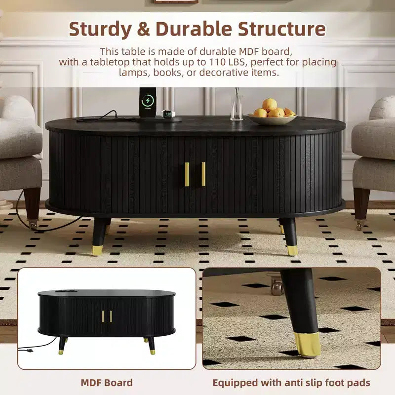 Farmhouse TV Stand Set with Coffee Table for 80 inch TV, Fluted TV Storage Cabinet with Sliding Door, Oval Entertainment Center with Wood Legs