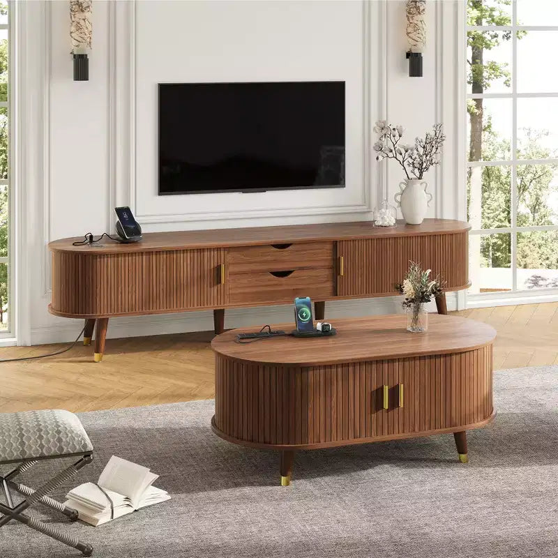 Farmhouse TV Stand Set with Coffee Table for 80 inch TV, Fluted TV Storage Cabinet with Sliding Door, Oval Entertainment Center with Wood Legs