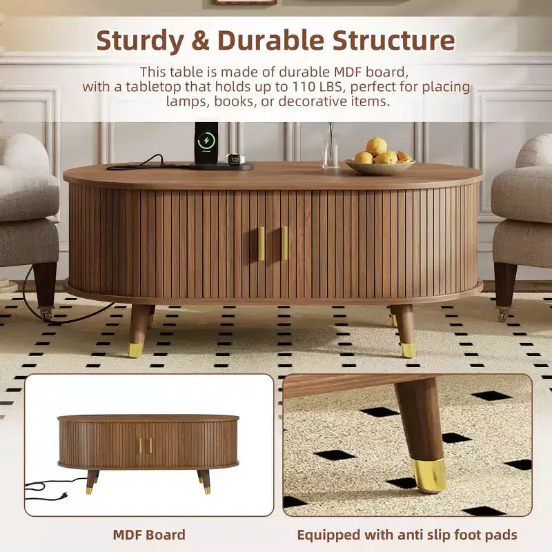 Farmhouse TV Stand Set with Coffee Table for 80 inch TV, Fluted TV Storage Cabinet with Sliding Door, Oval Entertainment Center with Wood Legs