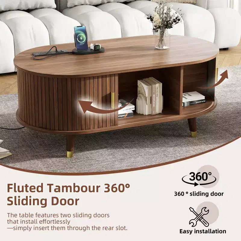Farmhouse TV Stand Set with Coffee Table for 80 inch TV, Fluted TV Storage Cabinet with Sliding Door, Oval Entertainment Center with Wood Legs