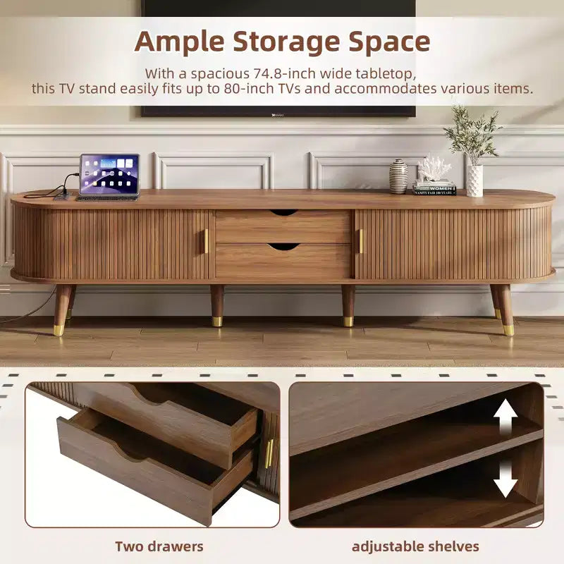 Farmhouse TV Stand Set with Coffee Table for 80 inch TV, Fluted TV Storage Cabinet with Sliding Door, Oval Entertainment Center with Wood Legs