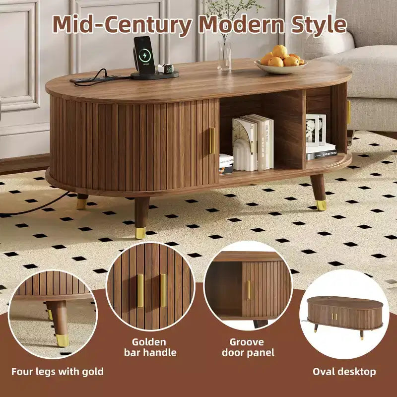 Farmhouse TV Stand Set with Coffee Table for 80 inch TV, Fluted TV Storage Cabinet with Sliding Door, Oval Entertainment Center with Wood Legs