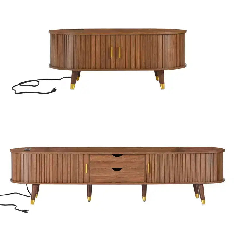 Farmhouse TV Stand Set with Coffee Table for 80 inch TV, Fluted TV Storage Cabinet with Sliding Door, Oval Entertainment Center with Wood Legs