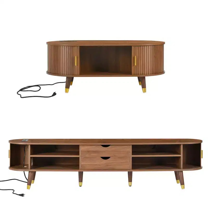 Farmhouse TV Stand Set with Coffee Table for 80 inch TV, Fluted TV Storage Cabinet with Sliding Door, Oval Entertainment Center with Wood Legs