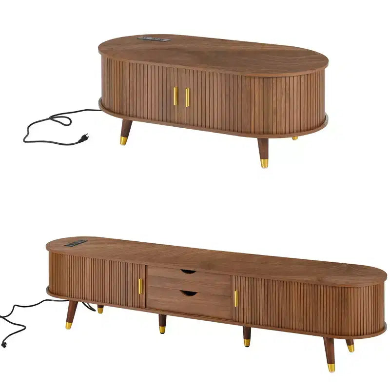 Farmhouse TV Stand Set with Coffee Table for 80 inch TV, Fluted TV Storage Cabinet with Sliding Door, Oval Entertainment Center with Wood Legs