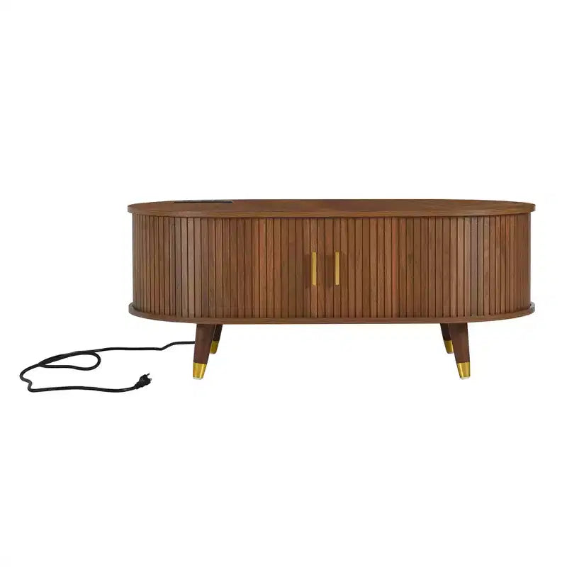 Farmhouse TV Stand Set with Coffee Table for 80 inch TV, Fluted TV Storage Cabinet with Sliding Door, Oval Entertainment Center with Wood Legs
