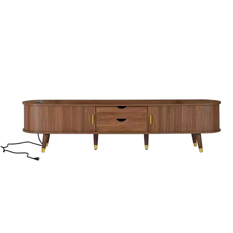 Farmhouse TV Stand Set with Coffee Table for 80 inch TV, Fluted TV Storage Cabinet with Sliding Door, Oval Entertainment Center with Wood Legs