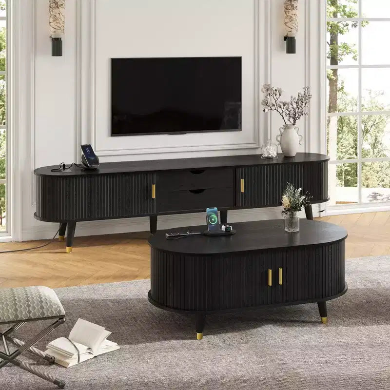 Farmhouse TV Stand Set with Coffee Table for 80 inch TV, Fluted TV Storage Cabinet with Sliding Door, Oval Entertainment Center with Wood Legs