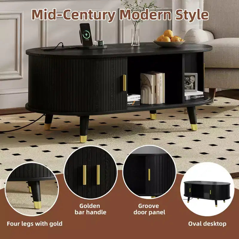 Farmhouse TV Stand Set with Coffee Table for 80 inch TV, Fluted TV Storage Cabinet with Sliding Door, Oval Entertainment Center with Wood Legs