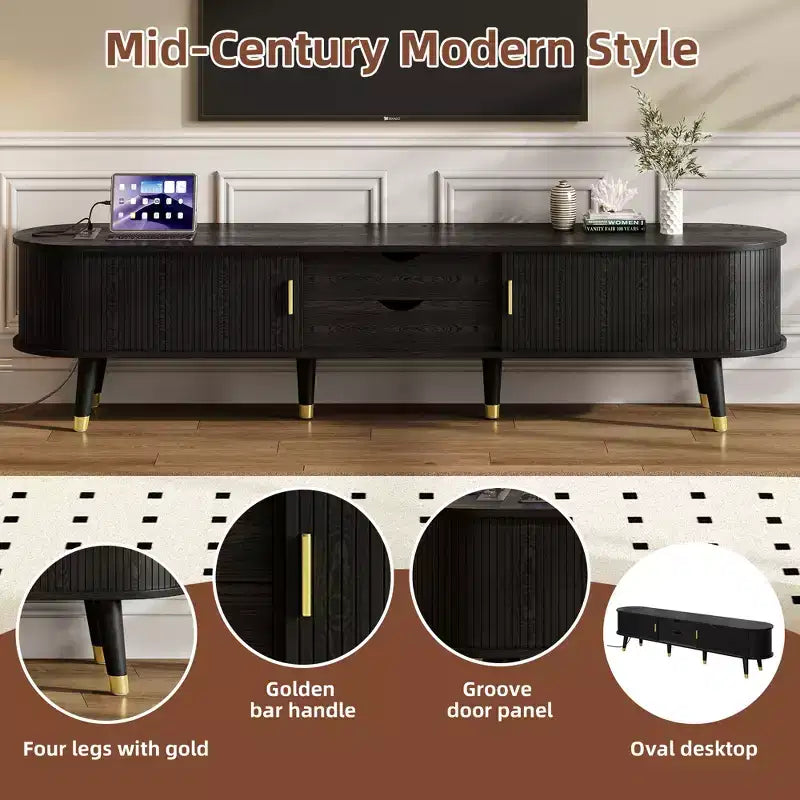 Farmhouse TV Stand Set with Coffee Table for 80 inch TV, Fluted TV Storage Cabinet with Sliding Door, Oval Entertainment Center with Wood Legs