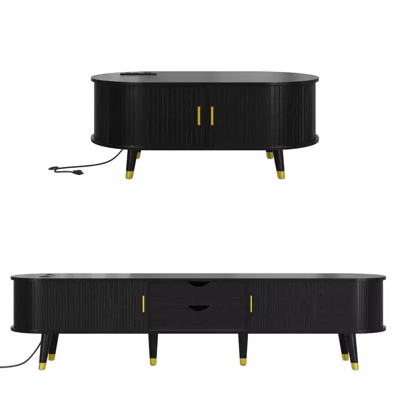 Farmhouse TV Stand Set with Coffee Table for 80 inch TV, Fluted TV Storage Cabinet with Sliding Door, Oval Entertainment Center with Wood Legs