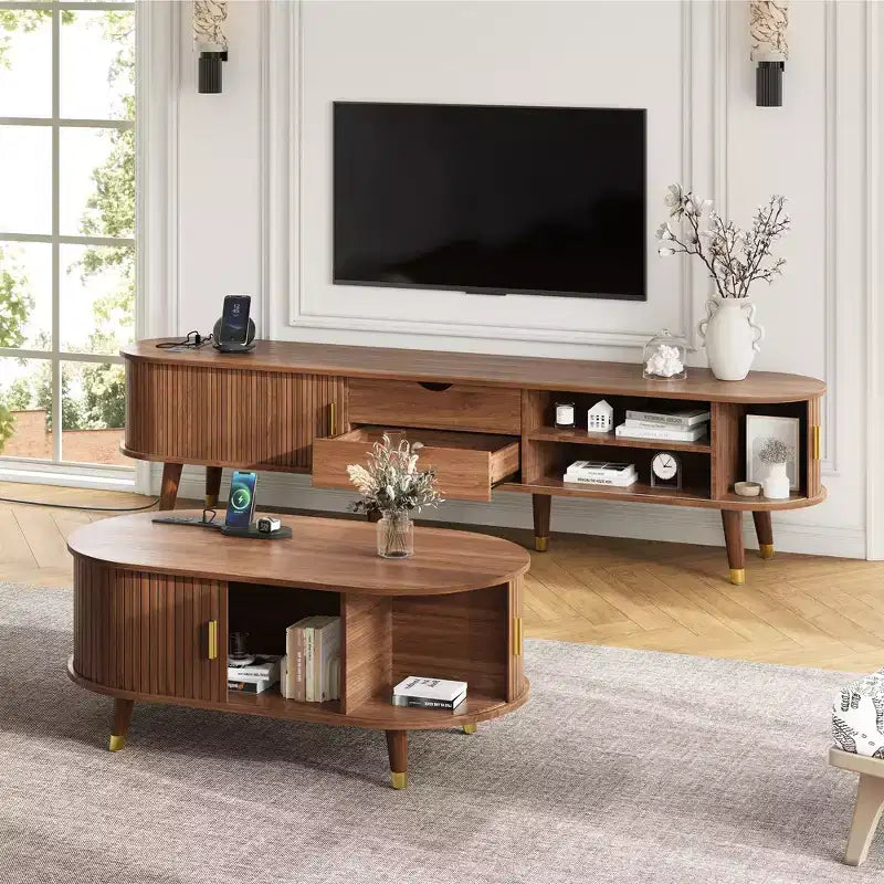 Farmhouse TV Stand Set with Coffee Table for 80 inch TV, Fluted TV Storage Cabinet with Sliding Door, Oval Entertainment Center with Wood Legs