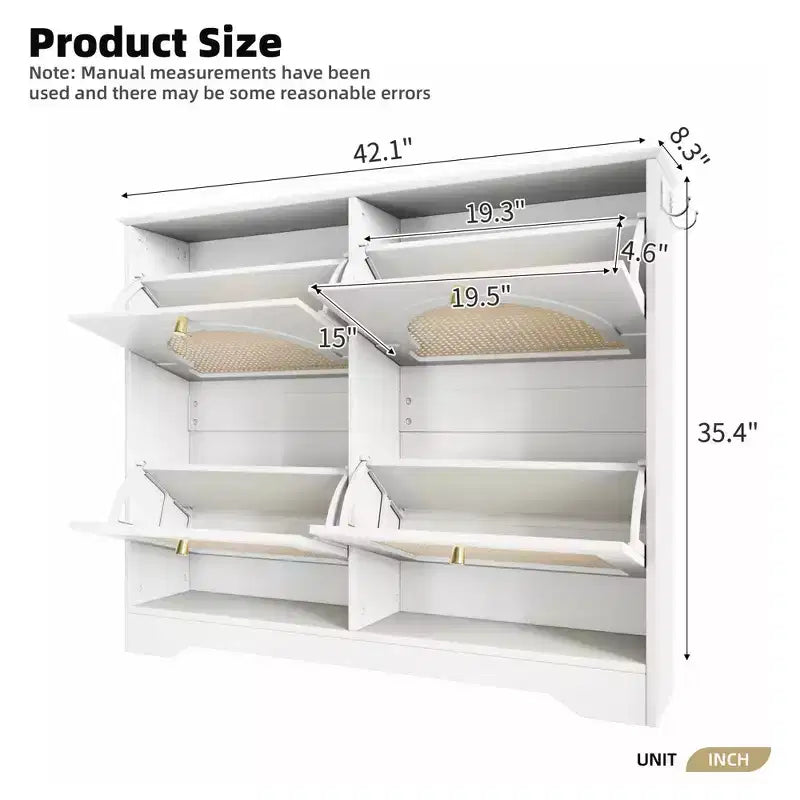 MAYEERTY Mid-Century Narrow Tipping Bucket Shoe Cabinet, 4 Flip Drawers 4 Rattan Doors 2 Silvery Hooks 42.1W, White