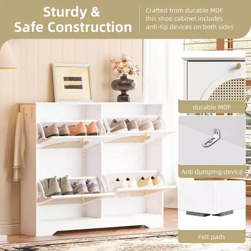 MAYEERTY Mid-Century Narrow Tipping Bucket Shoe Cabinet, 4 Flip Drawers 4 Rattan Doors 2 Silvery Hooks 42.1W, White