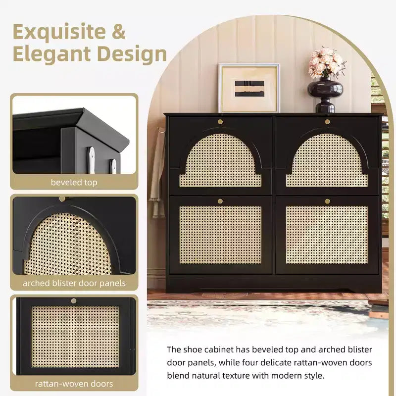 MAYEERTY Mid-Century Narrow Tipping Bucket Shoe Cabinet, 4 Flip Drawers 4 Rattan Doors 2 Silvery Hooks 42.1W, White