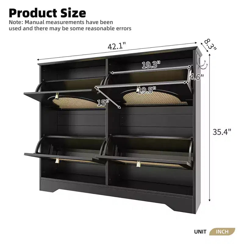MAYEERTY Mid-Century Narrow Tipping Bucket Shoe Cabinet, 4 Flip Drawers 4 Rattan Doors 2 Silvery Hooks 42.1W, White