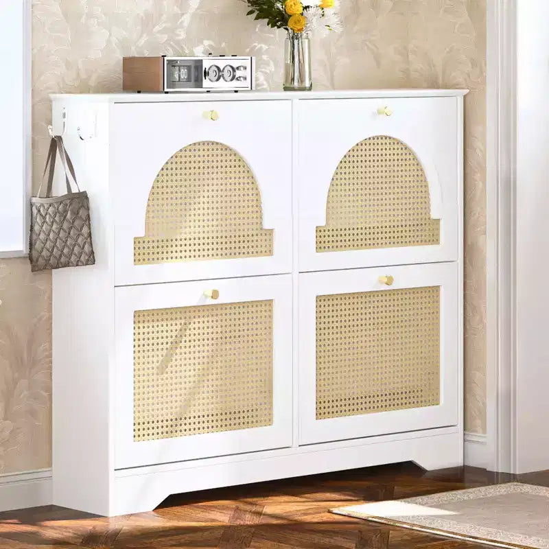 MAYEERTY Mid-Century Narrow Tipping Bucket Shoe Cabinet, 4 Flip Drawers 4 Rattan Doors 2 Silvery Hooks 42.1W, White