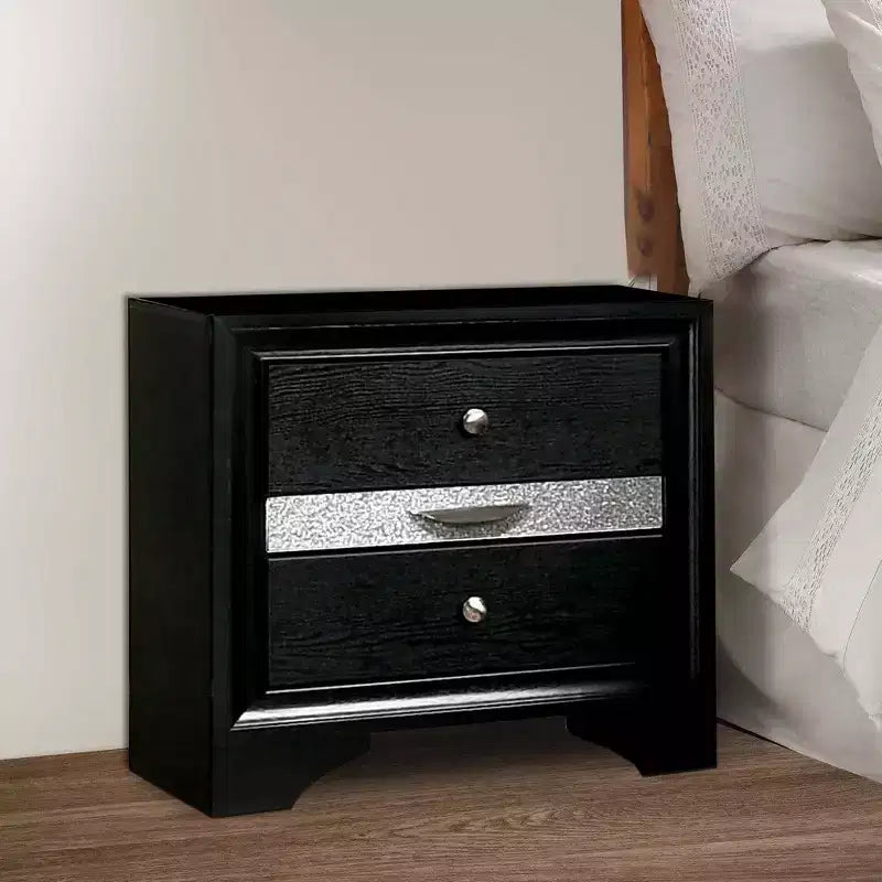Royal Hampton Nightstand with Silver Trim Accent and 1 Jewelry Drawer, Black