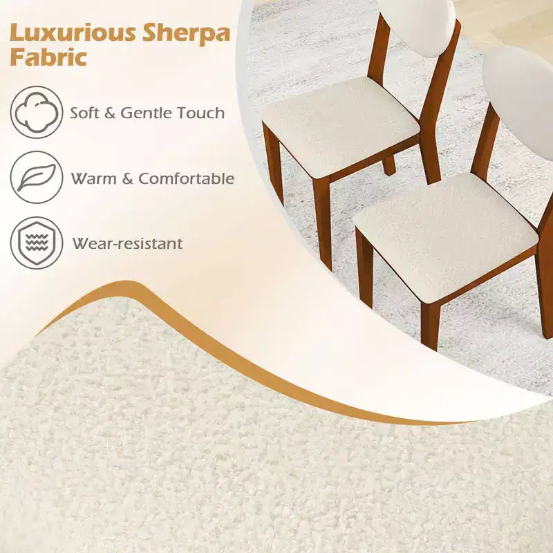 Costway Faux Shearling Dining Chairs Set of 4 w/Rubber Wood Legs Padded Seat & Backrest