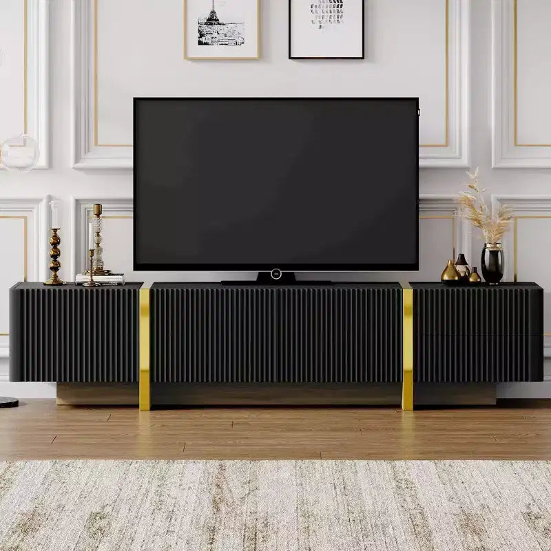 Fluted TV Stand for 80 inch TV with Storage Drawers, Wood TV Storage Cabinet, Entertainment Center Media Console with Golden Wood Grain Legs