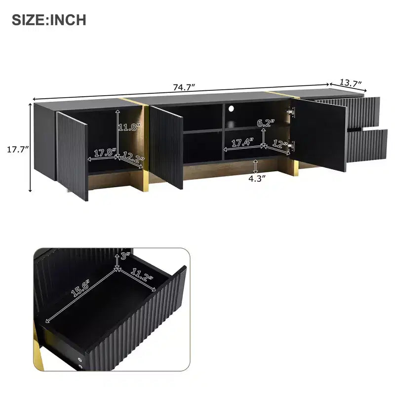 Fluted TV Stand for 80 inch TV with Storage Drawers, Wood TV Storage Cabinet, Entertainment Center Media Console with Golden Wood Grain Legs