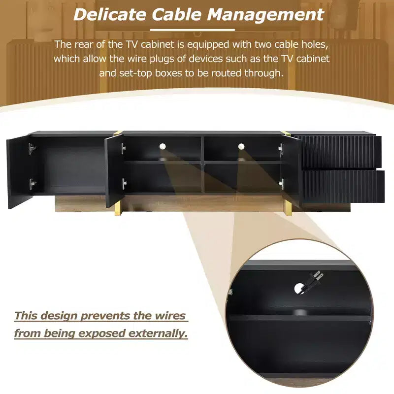 Fluted TV Stand for 80 inch TV with Storage Drawers, Wood TV Storage Cabinet, Entertainment Center Media Console with Golden Wood Grain Legs