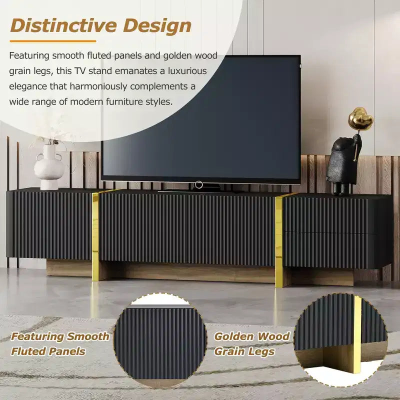Fluted TV Stand for 80 inch TV with Storage Drawers, Wood TV Storage Cabinet, Entertainment Center Media Console with Golden Wood Grain Legs