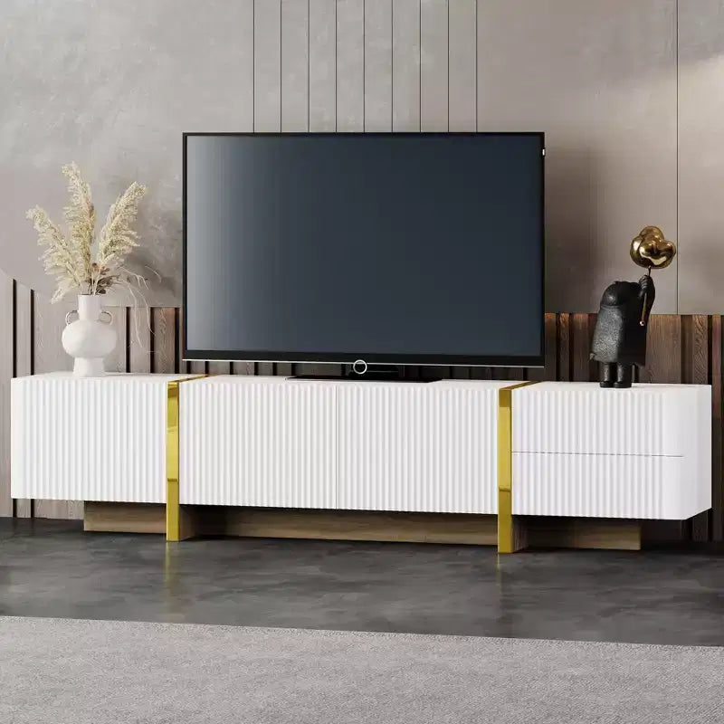 Fluted TV Stand for 80 inch TV with Storage Drawers, Wood TV Storage Cabinet, Entertainment Center Media Console with Golden Wood Grain Legs