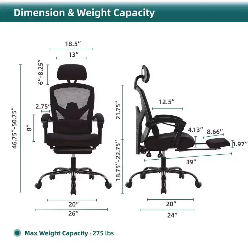 TUYOHW Ergonomic Office Chair with Footrest,High Back Mesh Desk Chair with Adjustable Headrest & Lumbar Support for Home Office,275LB Capacity