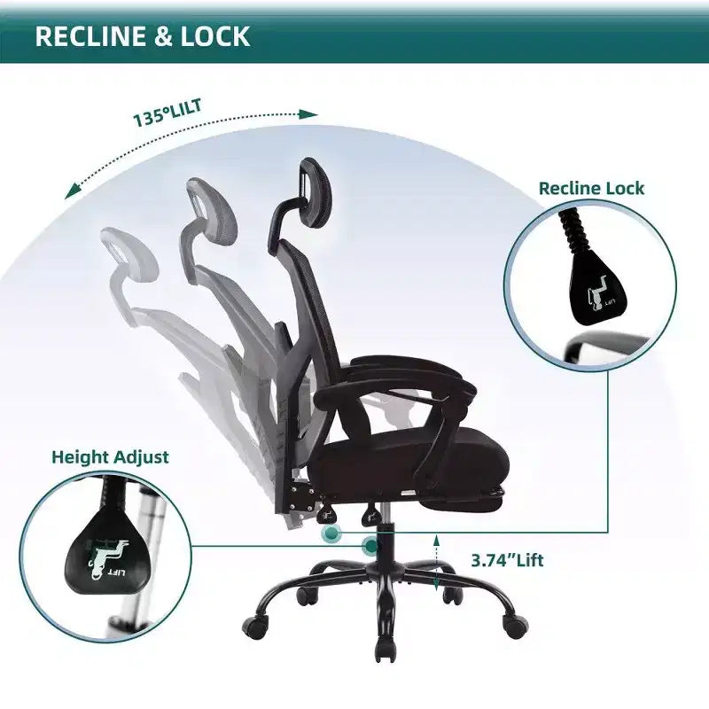 TUYOHW Ergonomic Office Chair with Footrest,High Back Mesh Desk Chair with Adjustable Headrest & Lumbar Support for Home Office,275LB Capacity
