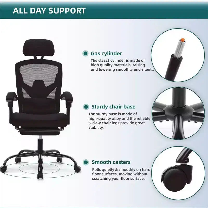 TUYOHW Ergonomic Office Chair with Footrest,High Back Mesh Desk Chair with Adjustable Headrest & Lumbar Support for Home Office,275LB Capacity