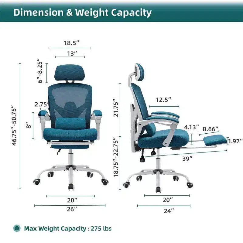 TUYOHW Ergonomic Office Chair with Footrest,High Back Mesh Desk Chair with Adjustable Headrest & Lumbar Support for Home Office,275LB Capacity