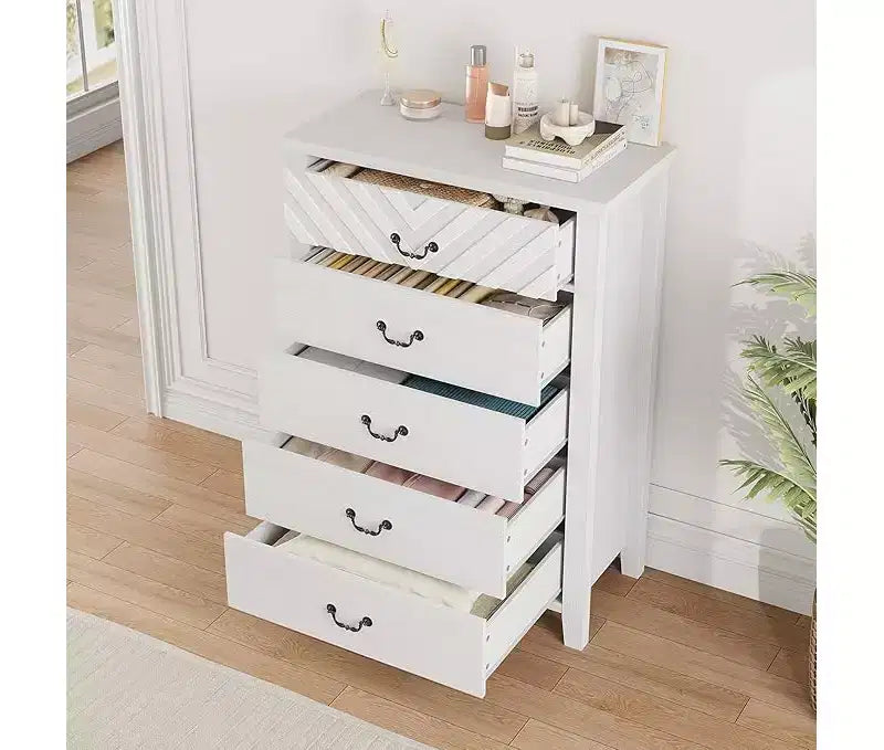 5 Drawer Dresser for Bedroom, Brown 5 Chest of Drawers Nightstand with Elegant V Shape Design, Wooden Dresser Organizer for Living Room, Nursery