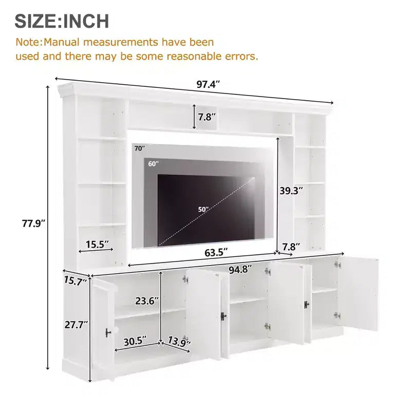 Wall Unit Entertainment Center with Bookshelf for 70 TV, Media Console Table with Bridge, TV Stand with Adjustable Shelf