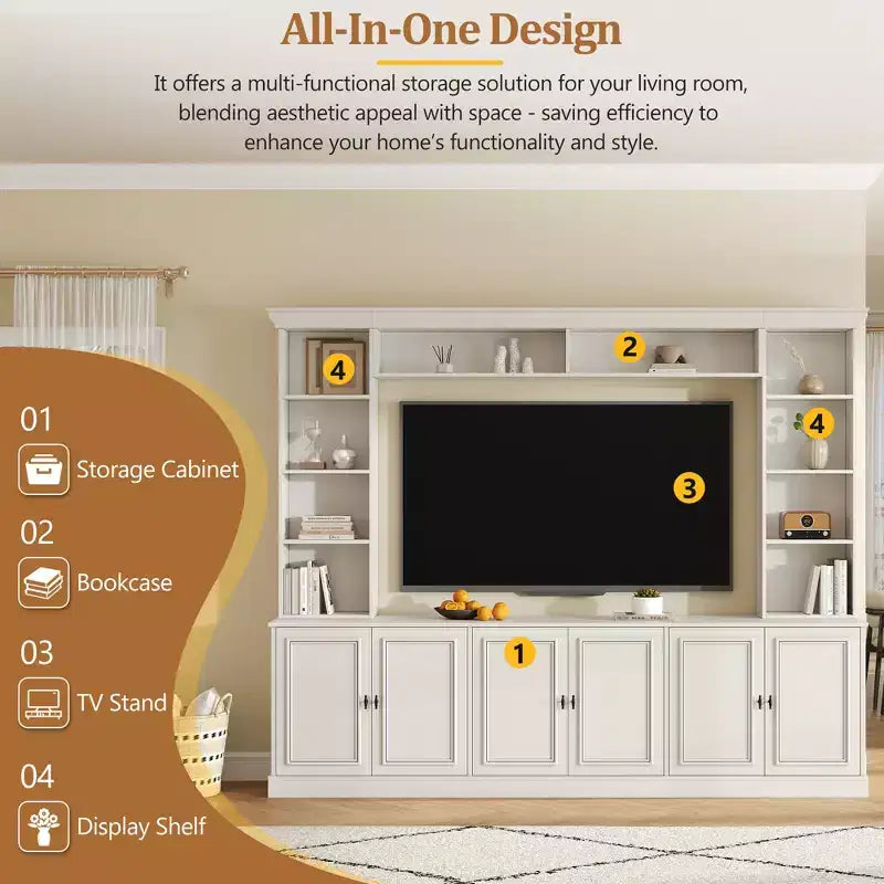 Wall Unit Entertainment Center with Bookshelf for 70 TV, Media Console Table with Bridge, TV Stand with Adjustable Shelf