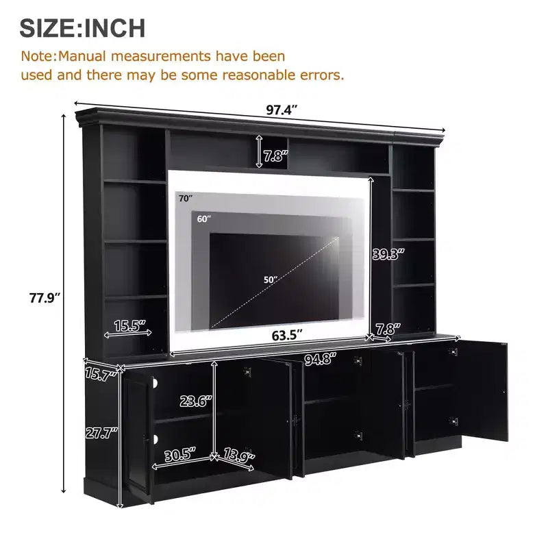 Wall Unit Entertainment Center with Bookshelf for 70 TV, Media Console Table with Bridge, TV Stand with Adjustable Shelf