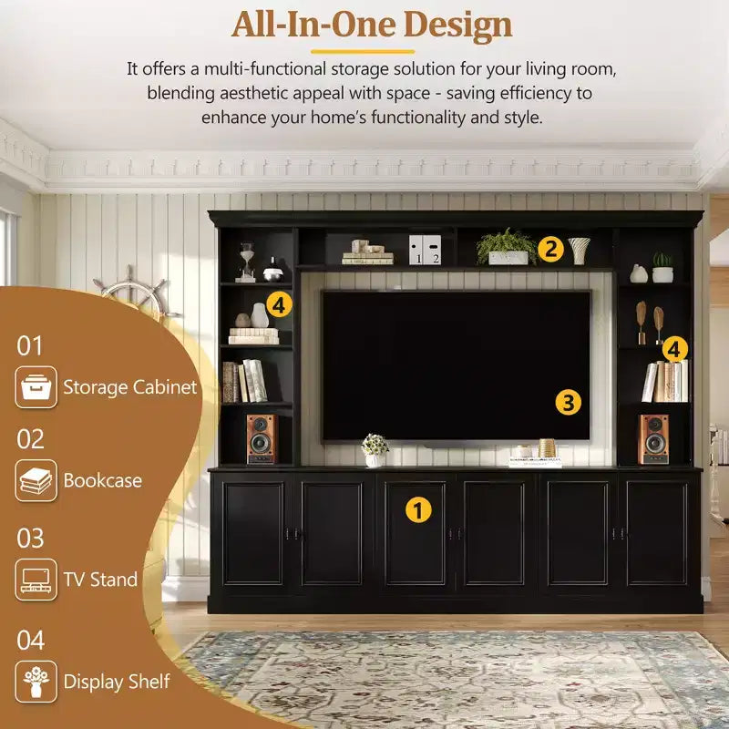 Wall Unit Entertainment Center with Bookshelf for 70 TV, Media Console Table with Bridge, TV Stand with Adjustable Shelf
