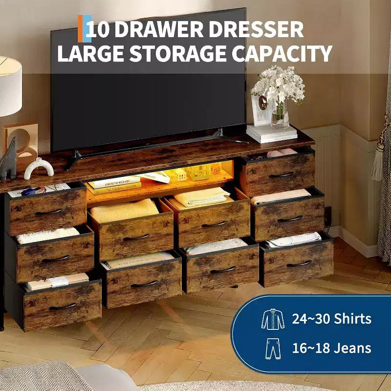 TV Stand for 65-75 Inch TV, 10 Drawer Long Dresser with Power Outlets and LED Lights, 63 Inch Entertainment Center TV Stand Dresser Storage Drawers