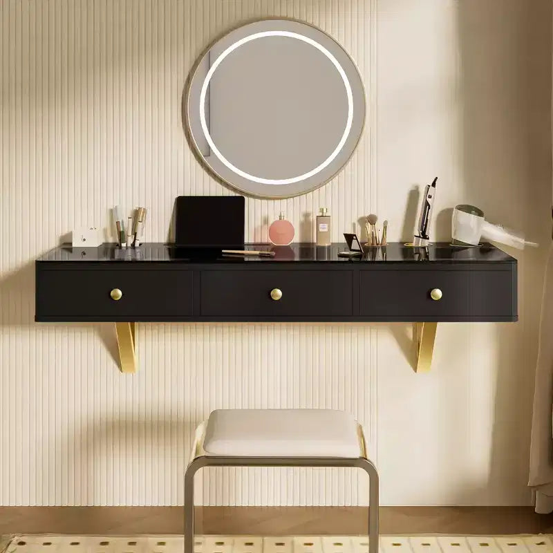Okak Multi-Purpose Wall-Mounted Vanity Desk with Drawer, Makeup Vanity with Glass Tabletop, Compact Vanity for Bedroom, Hairdressers