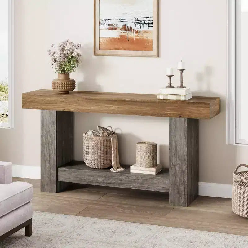 2-Tier Long Console Table Sofa Table, Farmhouse Entryway Accent Table Behind Couch for Entrance, Hallway, Living Room