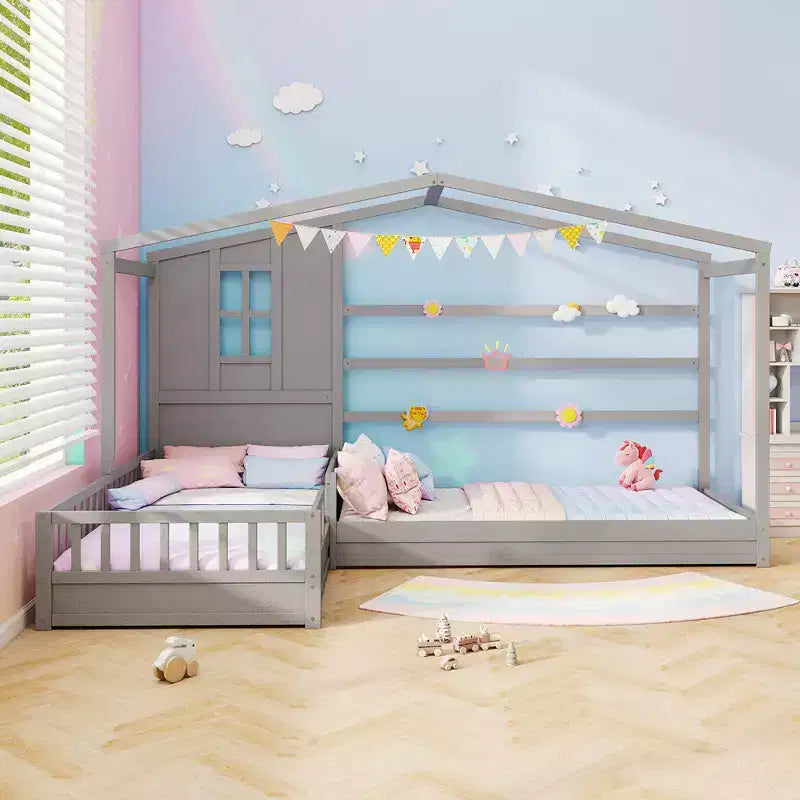 Costway L-shaped Double Twin Beds House Platform Beds w/ Window & Fences ray