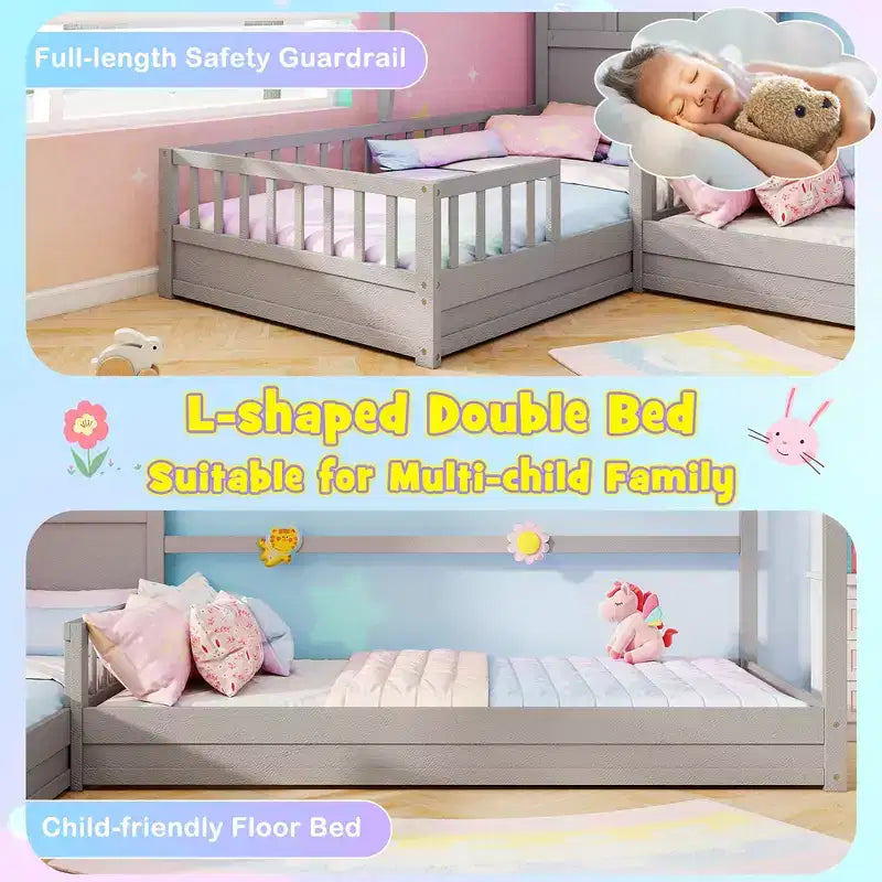 Costway L-shaped Double Twin Beds House Platform Beds w/ Window & Fences ray